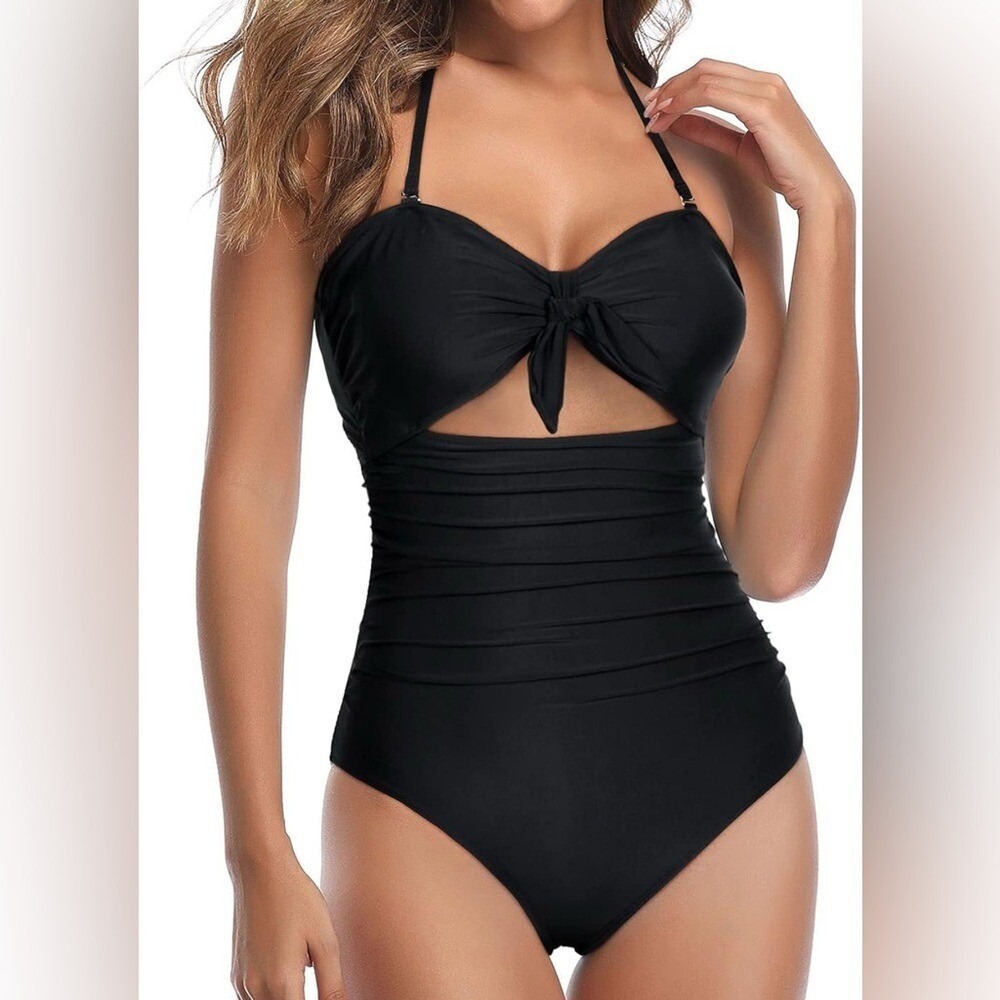 Tempt Me Black One Piece Swimsuit Halter Ruched Cutout Tie Front Monokini Small‎